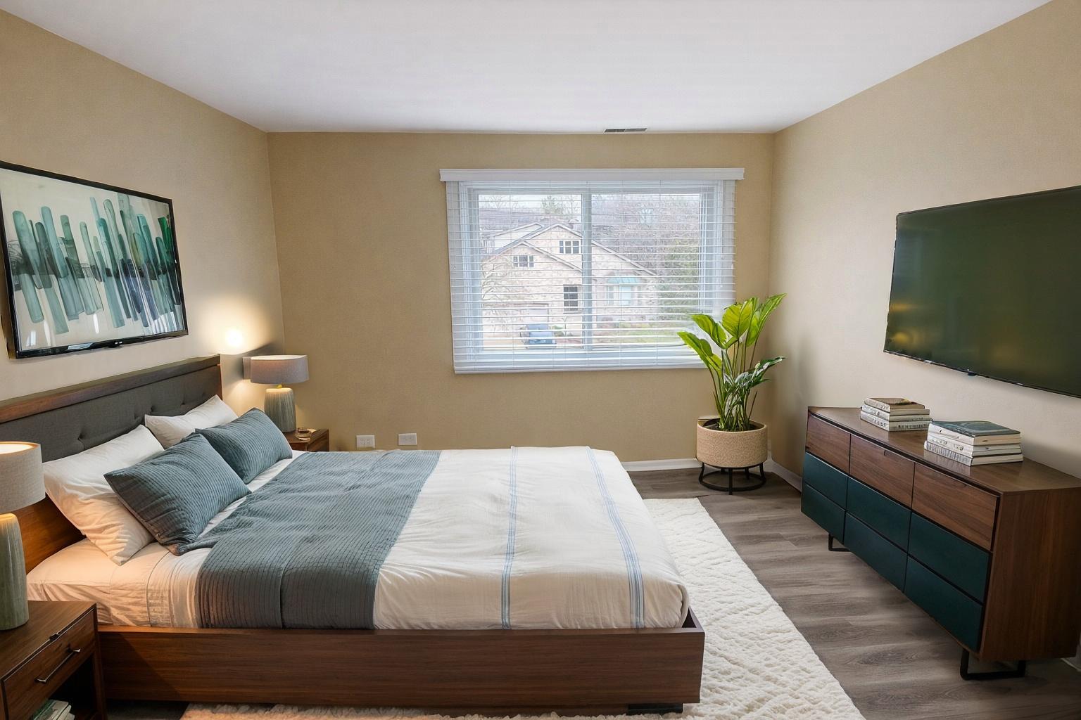 1462 Stonebridge Circle, Unit F10 Wheaton, IL 60189 - Photo 12 of 19 a bedroom with a bed and a flat screen tv