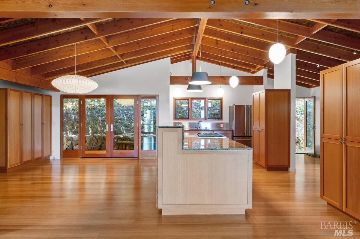 216 Reed Street Mill Valley, CA 94941 - Photo 2 of 17 a view of a kitchen with stainless steel appliances wooden floor and large windows