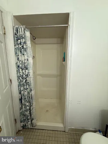 a bathroom with a shower and a toilet