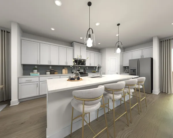 a kitchen with stainless steel appliances kitchen island granite countertop a sink a stove a refrigerator and white cabinets with wooden floor