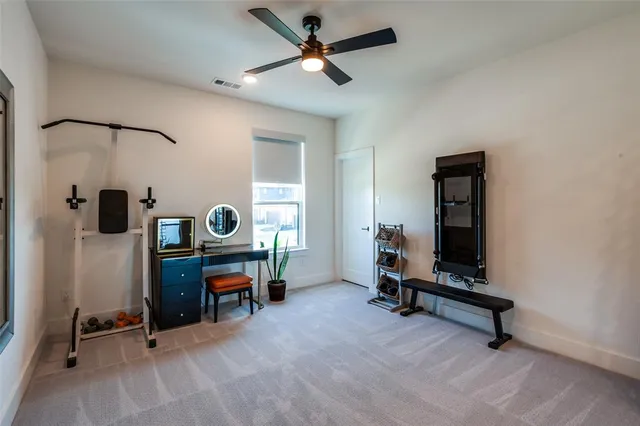 a workspace with a bookshelf