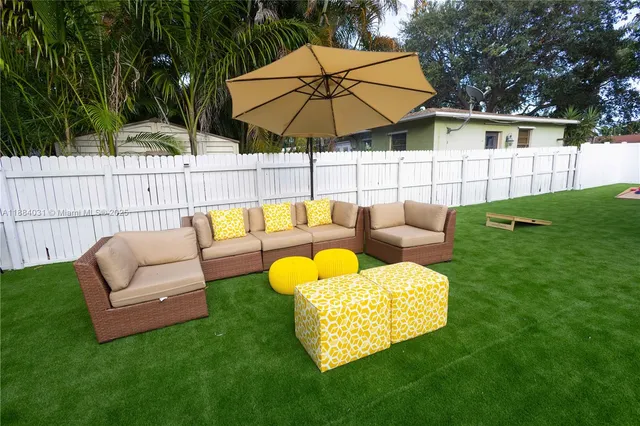 a backyard of a house with table and chairs