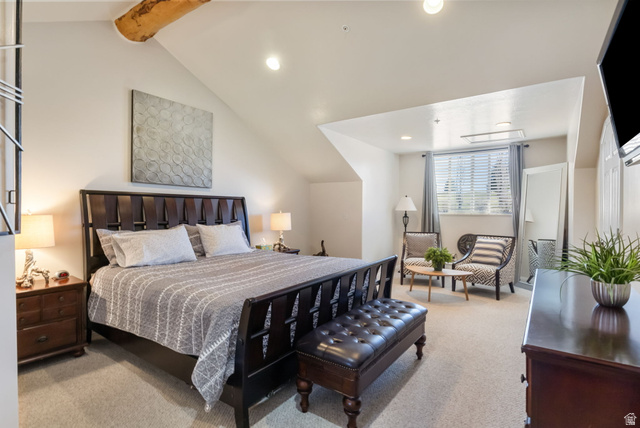 3598 North Huntsman Path, Unit 502 Eden, UT 84310 - Photo 17 of 43 Bedroom with light carpet, recessed lighting, and lofted ceiling with beams