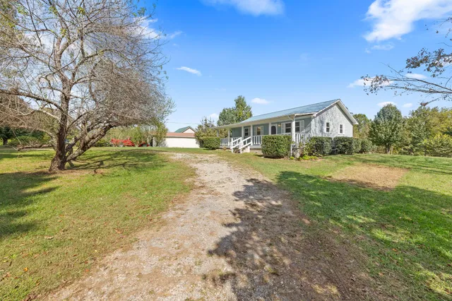 a house view with swimming pool and garden