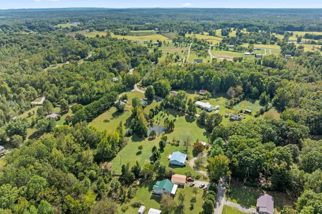 a view of a house with a lush green forest