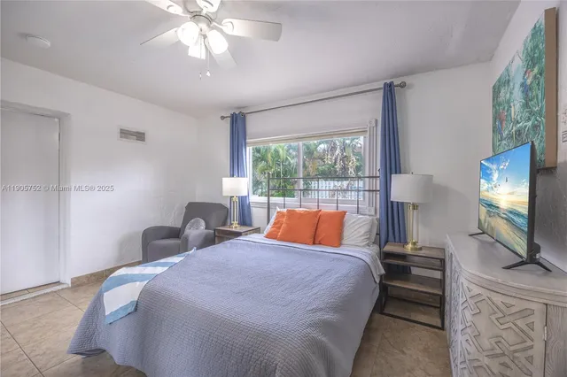 a bedroom with a bed and a flat screen tv