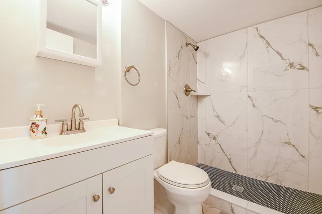 a bathroom with a sink a toilet and shower