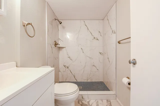 a bathroom with a shower toilet and sink