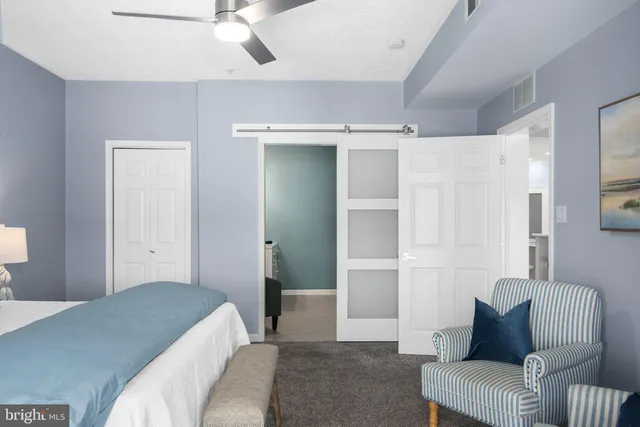 a bedroom with furniture and a ceiling fan