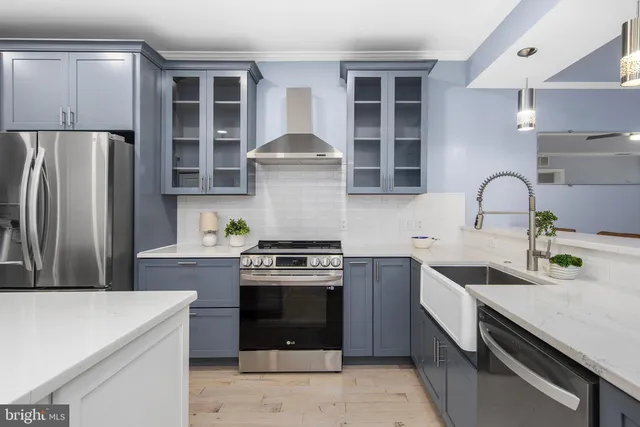 a kitchen with stainless steel appliances a stove and a refrigerator