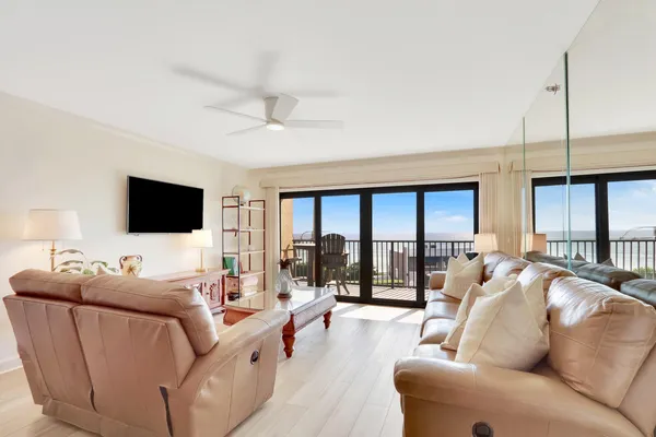 a living room with furniture tv and a large window