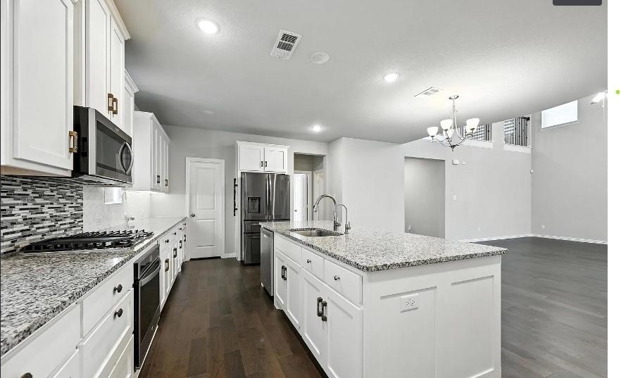 12559 Ravine Creek Road Frisco, TX 75035 - Photo 8 of 33 Kitchen with white cabinets, light stone countertops, dark wood-type flooring, an island with sink, and stainless steel appliances