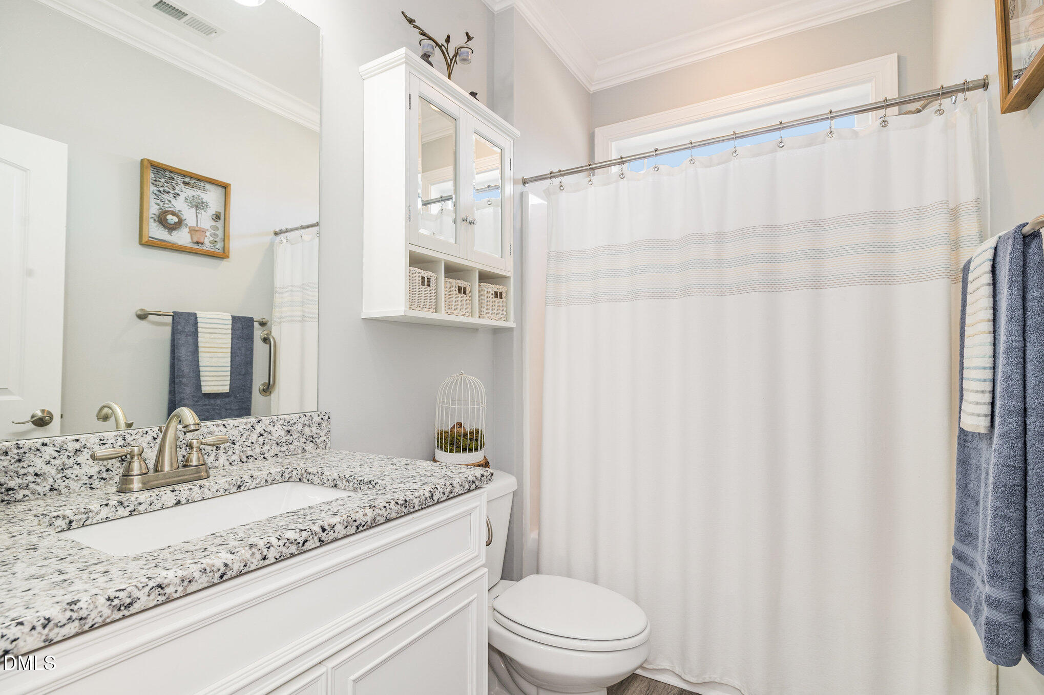 17 Kiowa Court Willow Spring, NC 27592 - Photo 17 of 27 a bathroom with a granite countertop sink a toilet and a shower curtain
