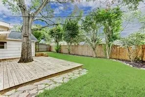 a view of a yard with plants and trees