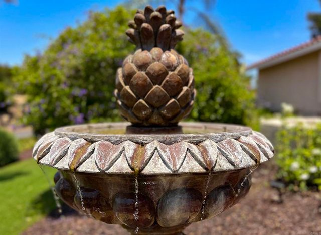 a view of a chairs and table in the backyard