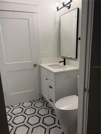 a bathroom with a sink a toilet and a mirror