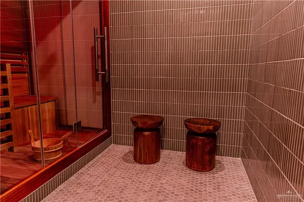 a bathroom with blue walls