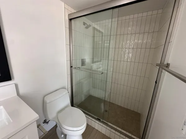 a bathroom with a shower and a toilet