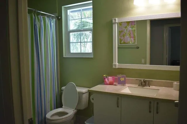 a bathroom with a sink vanity mirror and toilet