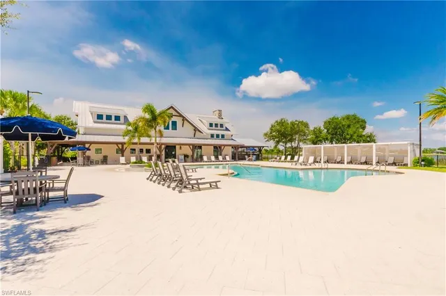 a view of a swimming pool with a lawn chairs under palm trees