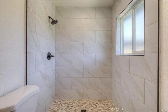 a bathroom with a toilet and a shower
