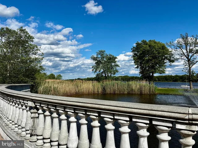 a view of swimming pool with lake and trees in the background