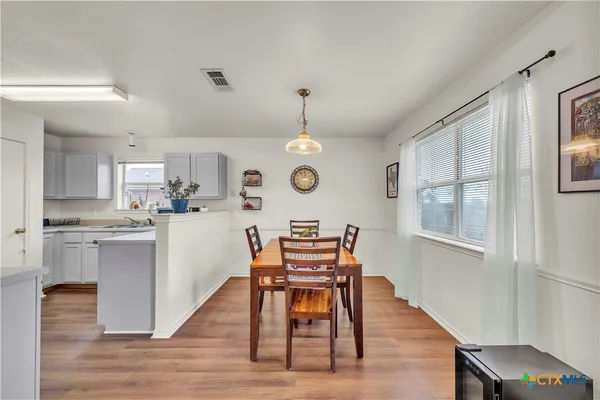 a view of a dining room with furniture window and wooden floor
