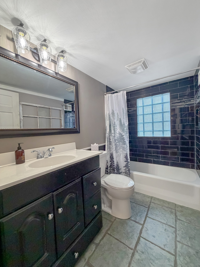 1126 West Stover Street Freeport, IL 61032 - Photo 19 of 35 a bathroom with a sink a toilet a mirror a vanity a bathtub and shower