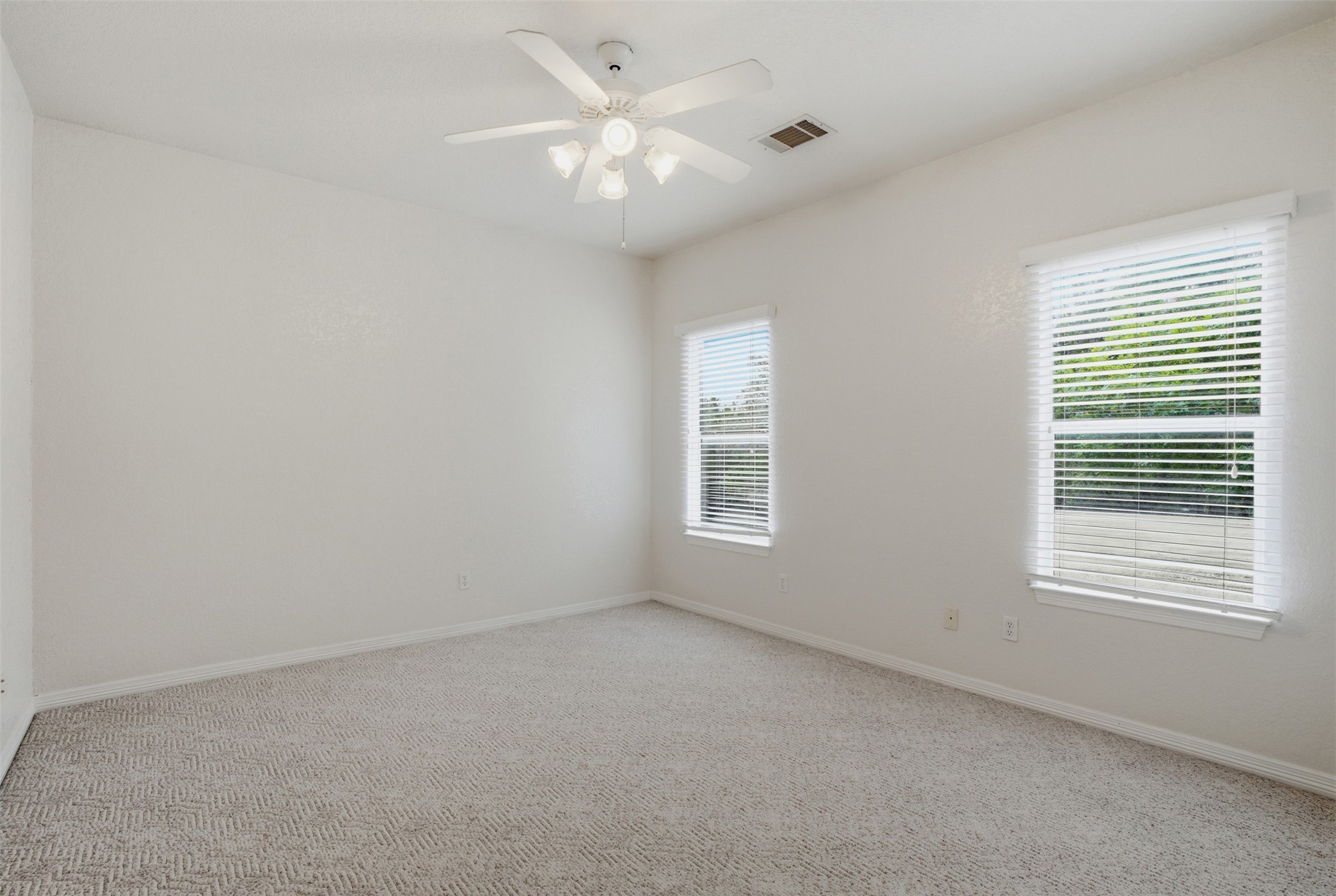 1301 County Road 262 Georgetown, TX 78633 - Photo 31 of 39 Carpeted room featuring two windows with blinds, a ceiling fan with light fixture, and neutral painted walls