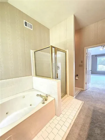 a bathroom with a bathtub and a shower