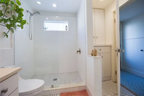 a bathroom with a toilet and a shower