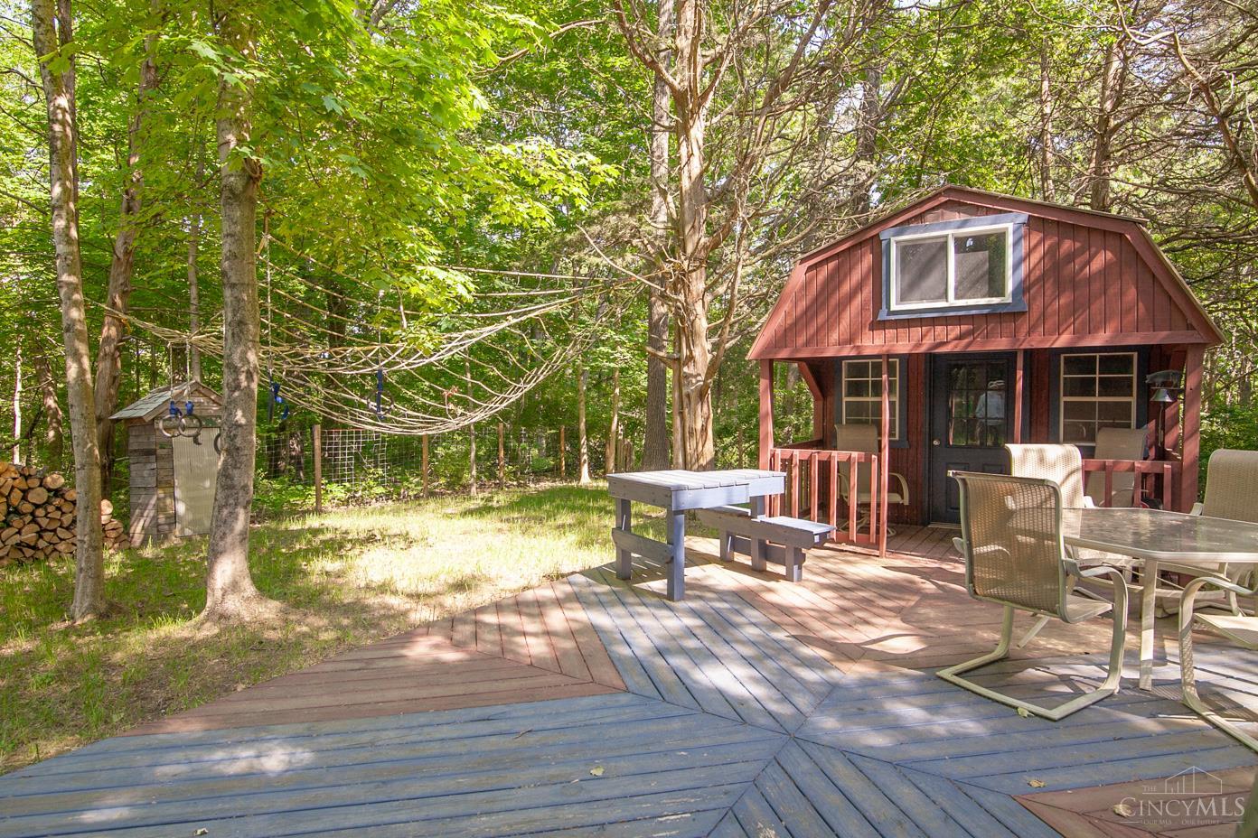 9045 Big Cedar Road Brookville, IN 47012 - Photo 9 of 52 For those seeking an even more rustic escape, the property also includes a delightful cabin tucked away in the woods. Complete with its own deck and sleeping lofts, the cabin is equipped with electricity, heating, and air conditioning, ensuring comfort year-round. This charming addition makes a perfect guesthouse or a quiet sanctuary for yourself.