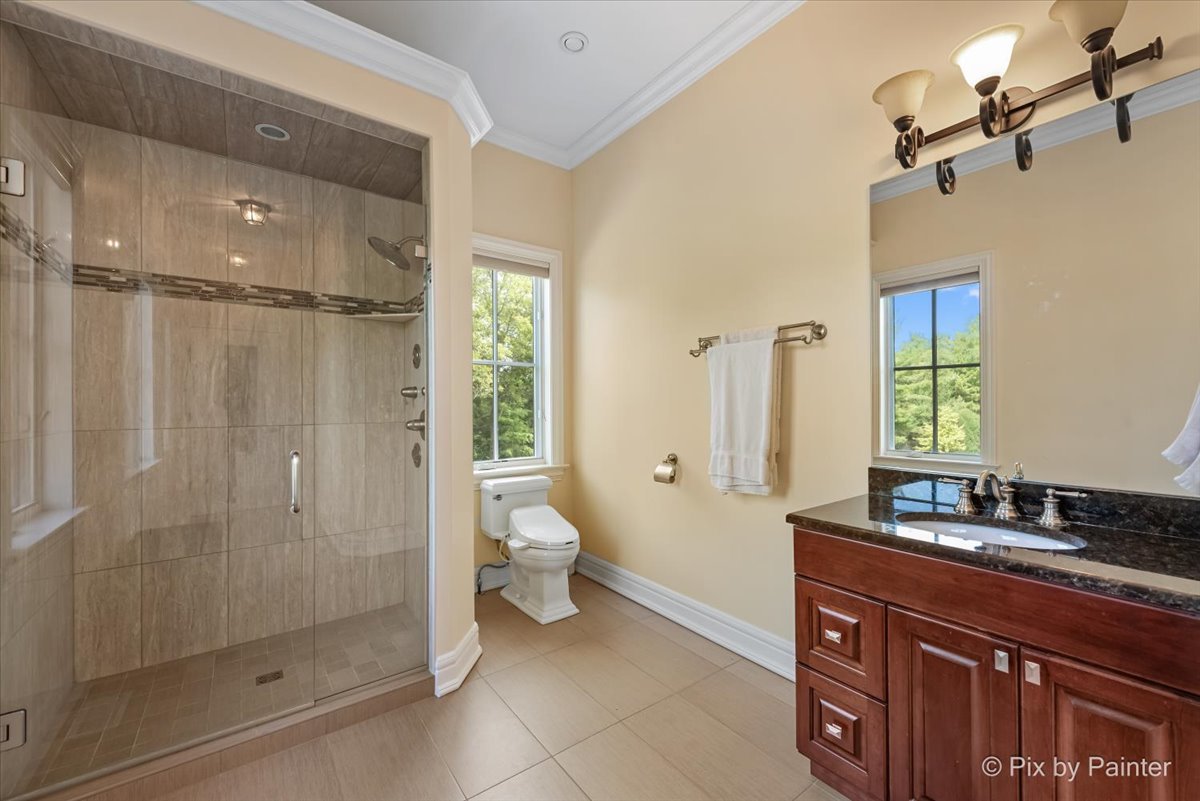 27 West Onwentsia Road Lake Forest, IL 60045 - Photo 39 of 73 a bathroom with a granite countertop sink a toilet and shower