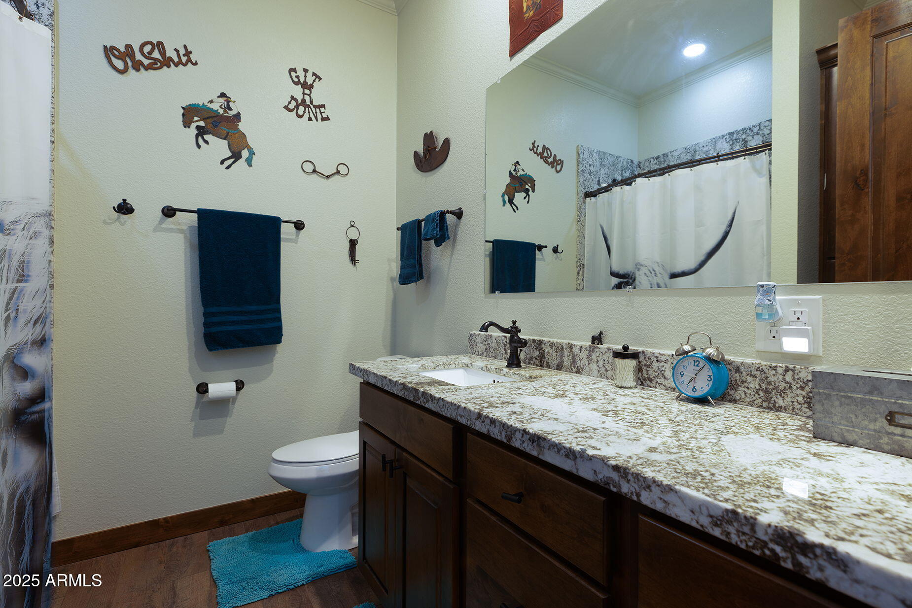 828 North Gun Creek Road Payson, AZ 85541 - Photo 27 of 57 a bathroom with a granite countertop sink a toilet and a mirror