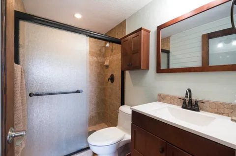 a bathroom with a sink a mirror a toilet and shower