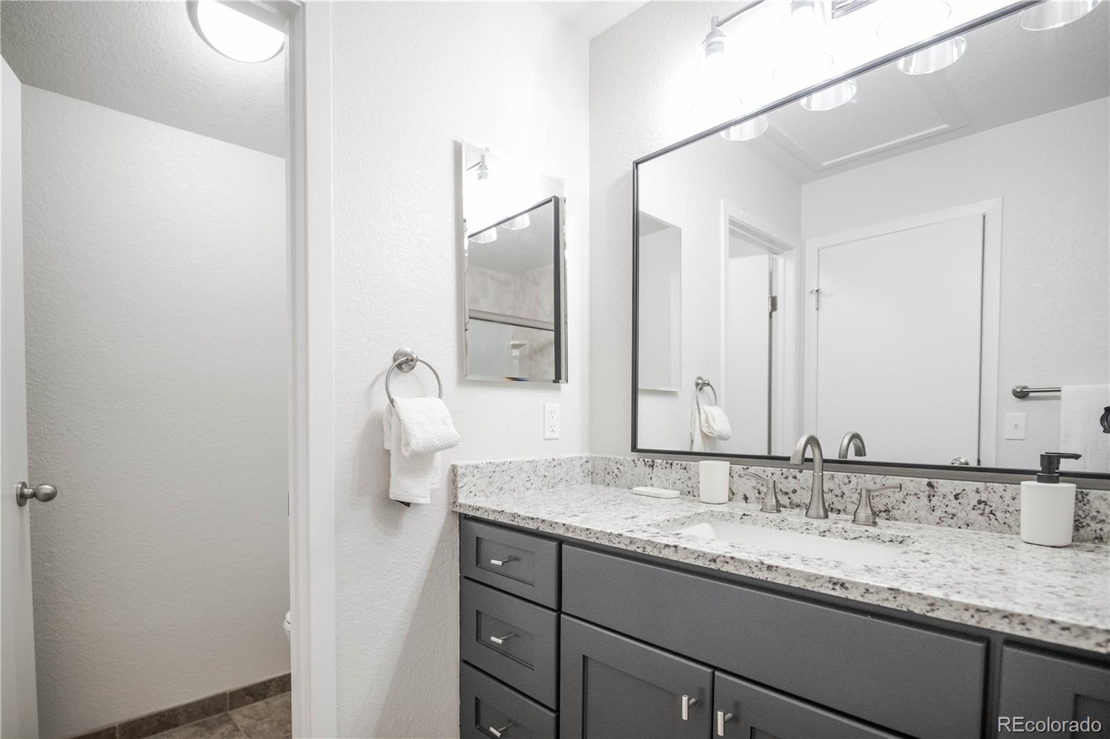 2920 South Racine Street Aurora, CO 80014 - Photo 17 of 36 a bathroom with a granite countertop sink and a mirror