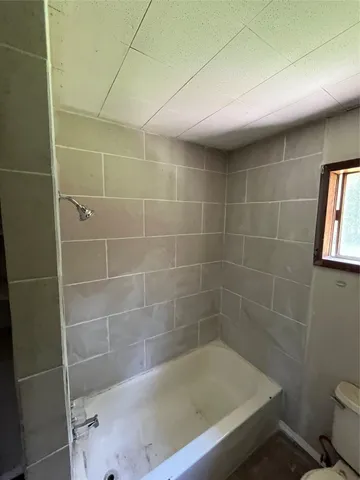 a bathroom with a bathtub and a toilet