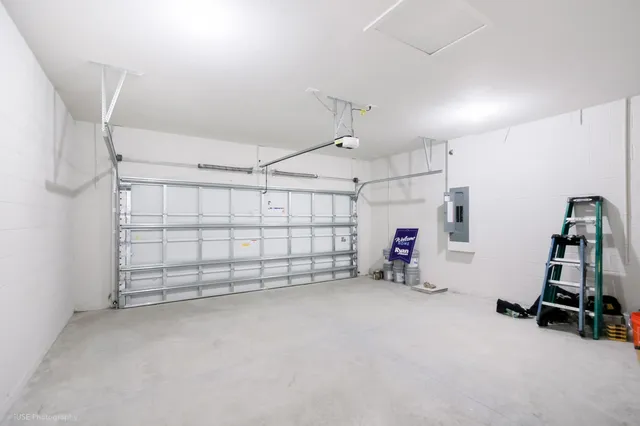 a view of a garage with gym equipment