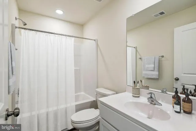 a bathroom with a sink a toilet and shower curtain