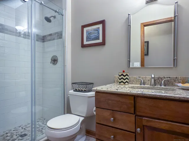 a bathroom with a toilet a sink a shower and a mirror