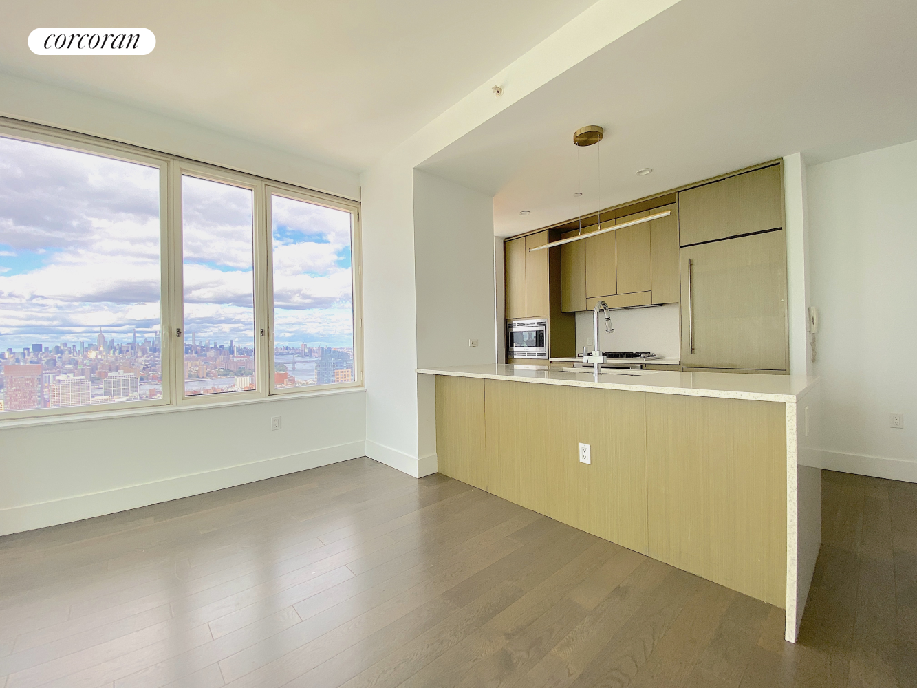 388 Bridge Street, Unit 43H Brooklyn, NY 11201 - Photo 6 of 14 a kitchen with kitchen island a two sinks a large window and a counter top space