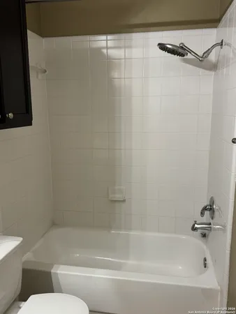 a bathroom with a shower and a toilet