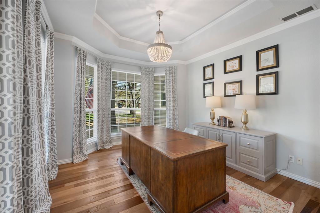 965 Stonecrest Road Argyle, TX 76226 - Photo 7 of 29 Office featuring a tray ceiling, hardwood flooring, bay window and crown molding.