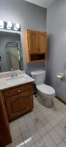 a bathroom with a sink a toilet and mirror