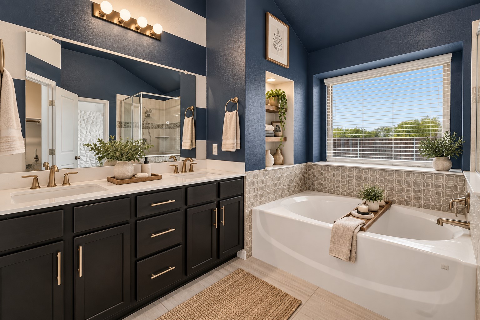 216 Spinnaker Loop Kyle, TX 78640 - Photo 16 of 23 A spacious bathroom features a double vanity and a deep soaking tub beneath a large window.