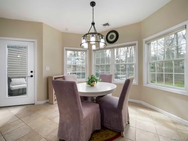 a view of a dining room with furniture window and outside view