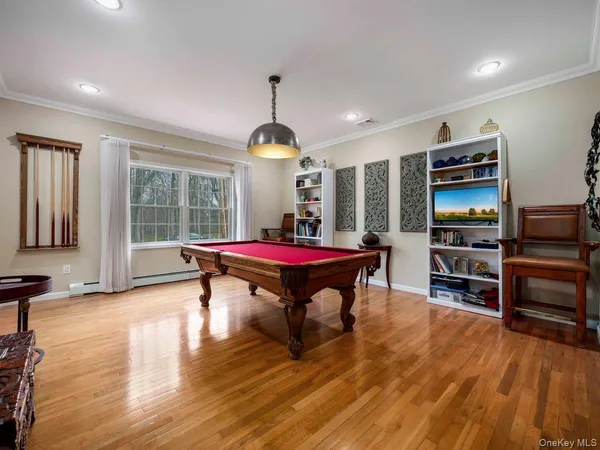 a room with furniture pool table flat screen tv and windows