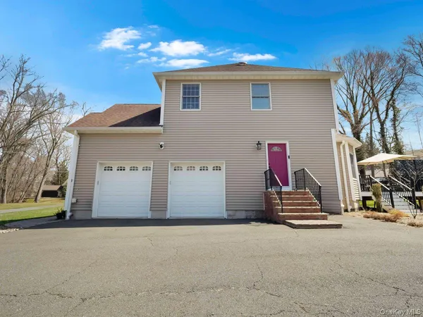a garage with a car parked