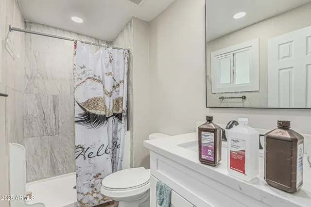 a bathroom with a sink a toilet and shower curtain