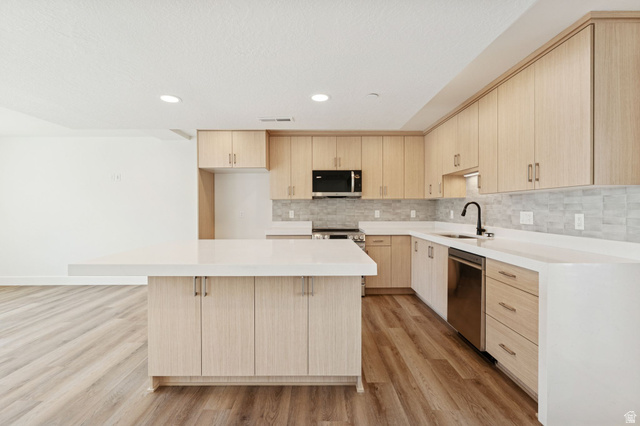 252 North Main Street Bountiful, UT 84010 - Photo 4 of 34 Kitchen featuring light wood finish cabinets, a center island, light wood-style floors, recessed lighting, and stainless steel appliances